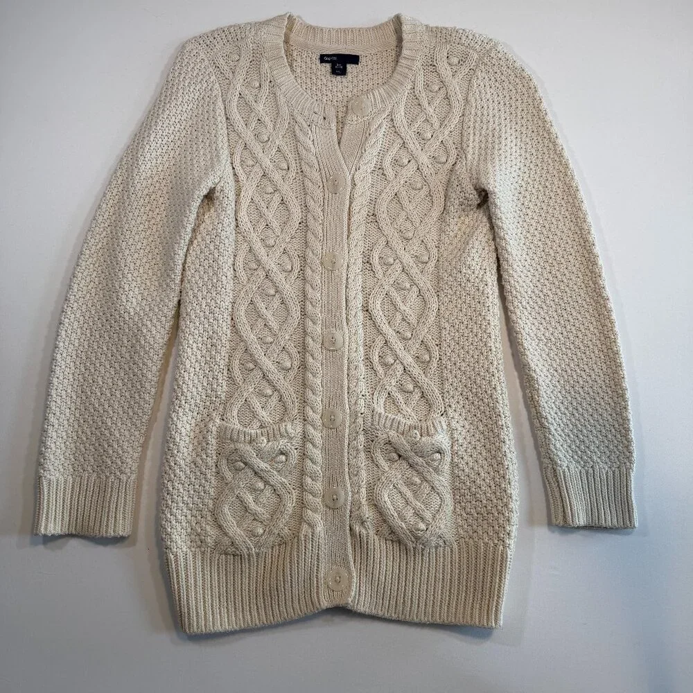 Girls GAP 100% Cotton Cable Knit Long Cardigan Sweater XXL Ivory Cream (14-16)